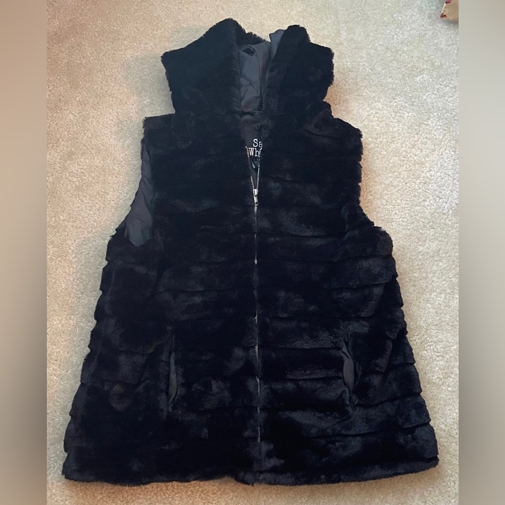 Faux Fur Hooded Vest - SOOO SOFT - Say What - Size: Large - Black